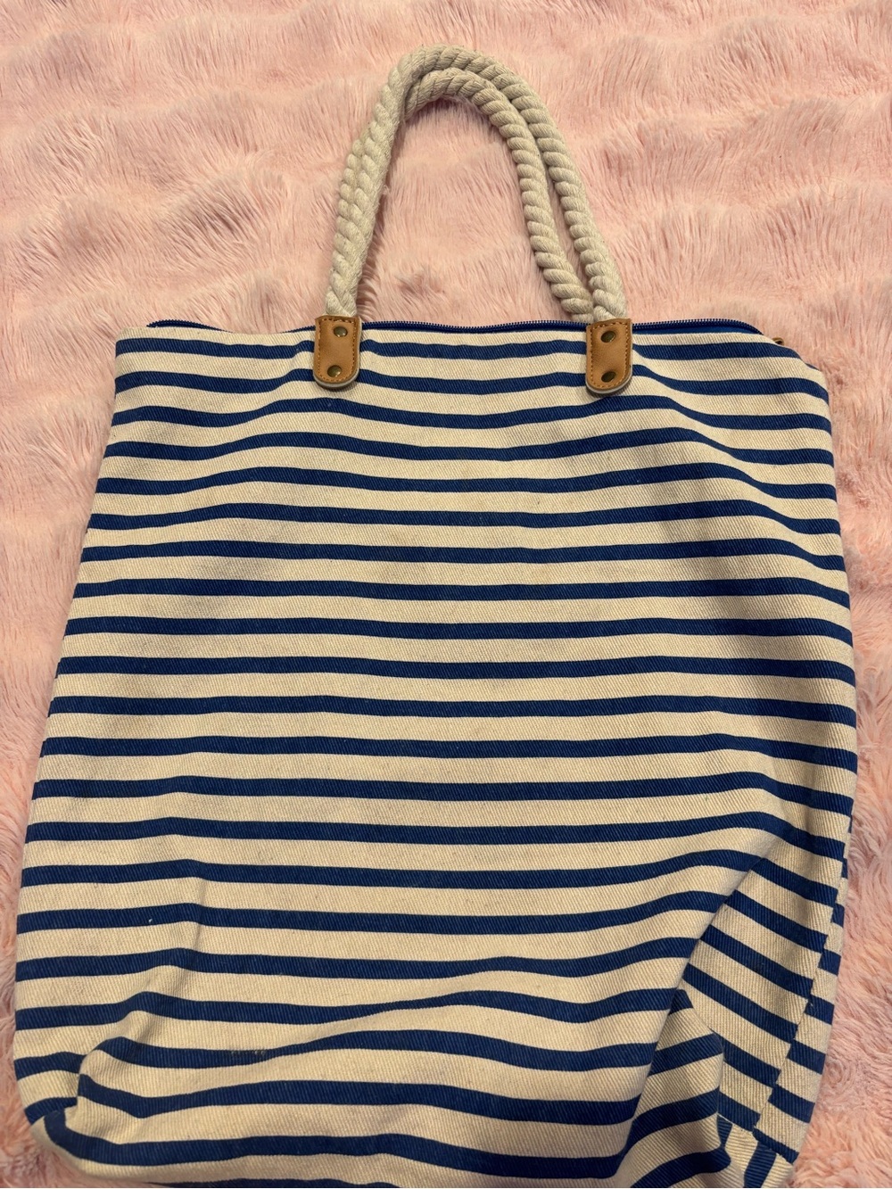 Striped Rope-Handle Tote Bag in Navy and Cream